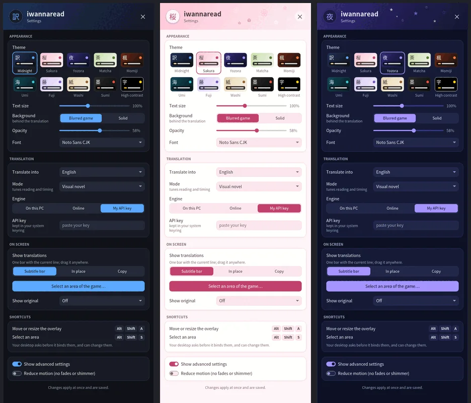 iwannaread's settings panel in three of its ten themes