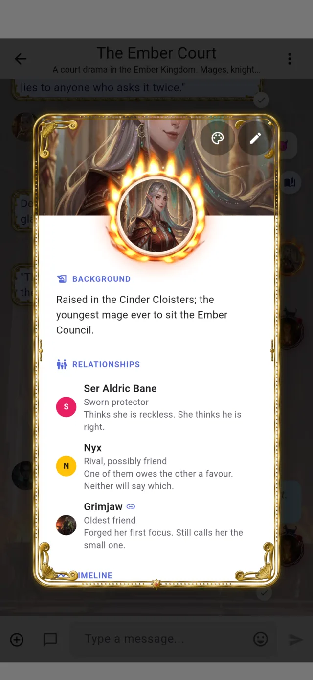 A character card in RP Nowz with background and relationships