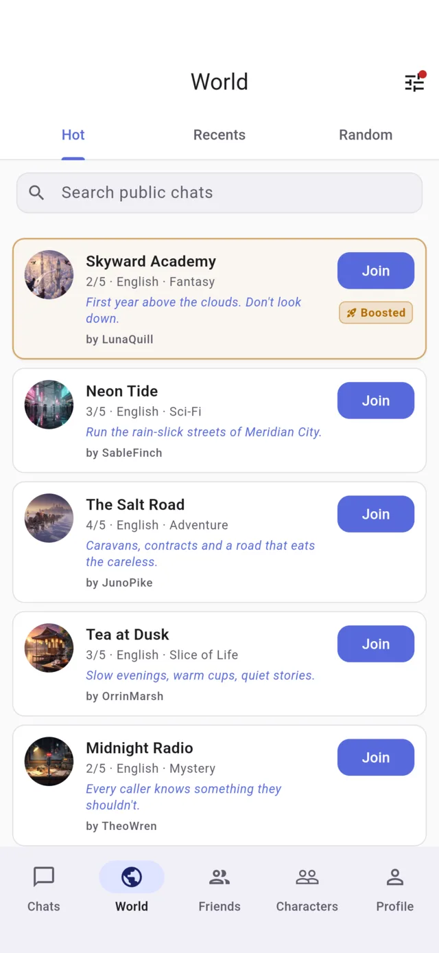 The World tab in RP Nowz, listing public stories to join